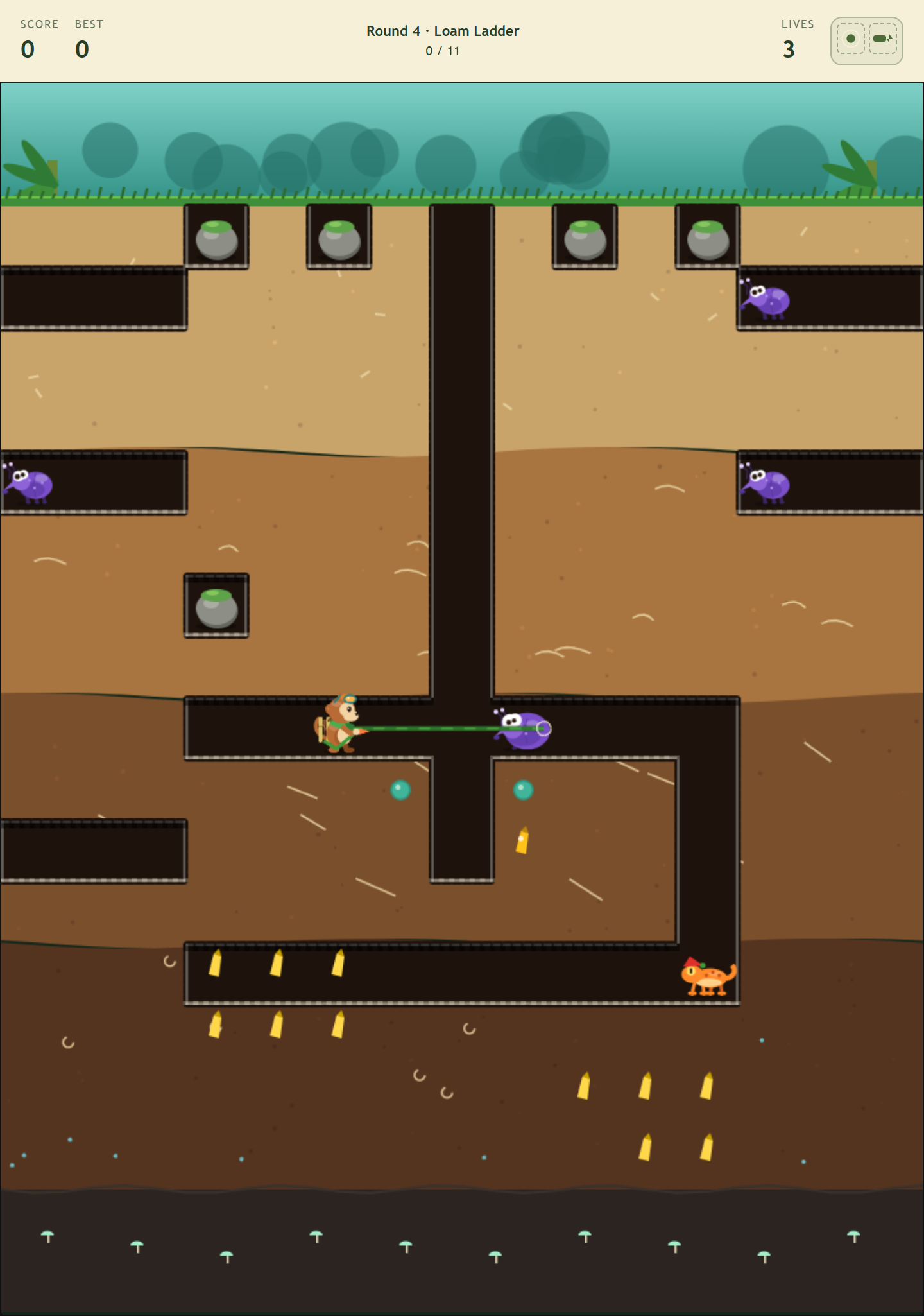 Bix pumps an inflated weevlet in Riverbank Loam, with bananas, glow pods, and a pepper gecko in the connected tunnels.