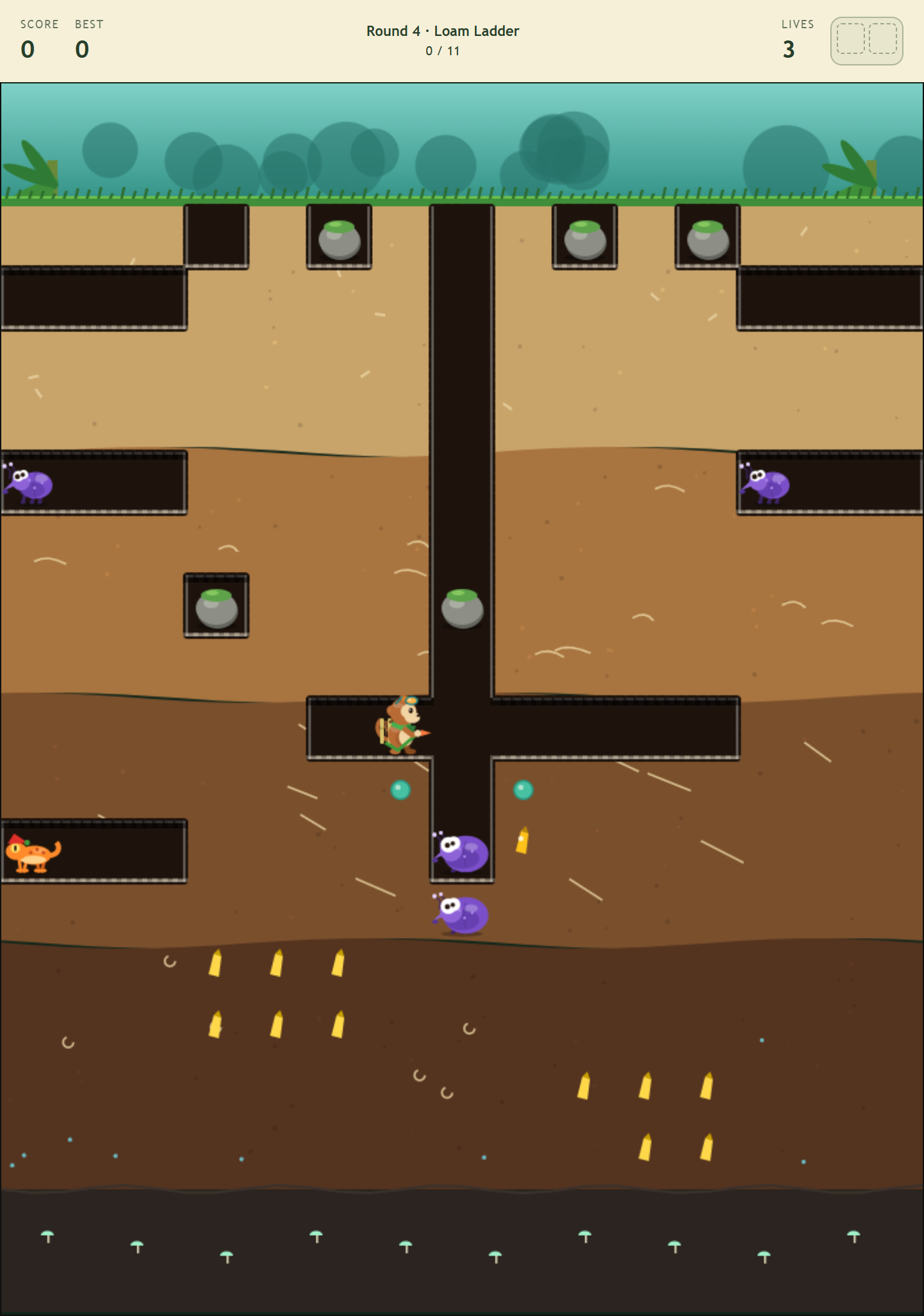 A mossy stone falls down a shaft toward two inflated pests.
