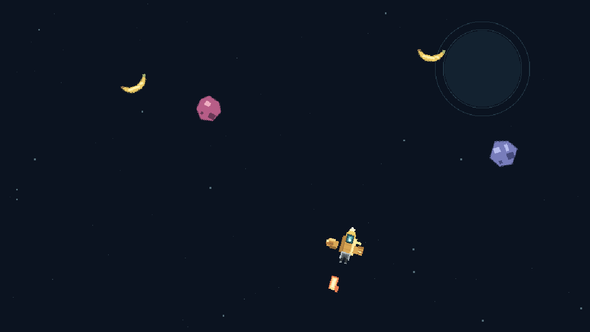 A boost dash banks the ship and flares the exhaust toward a banana.