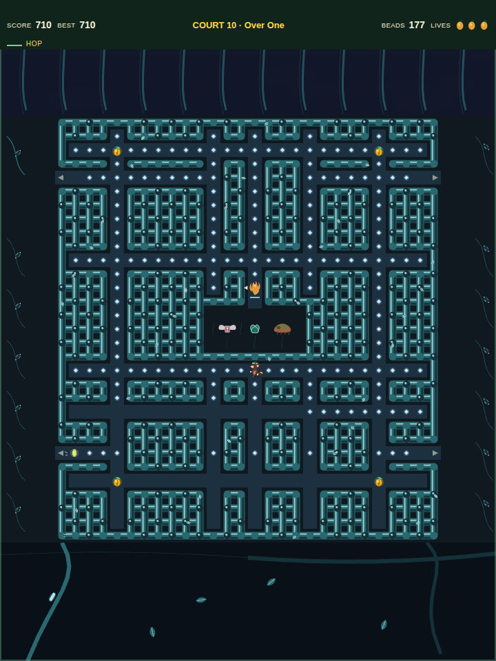 A glowpear enters from a side tunnel on Night Canopy, ticks behind it, beads still in the row.