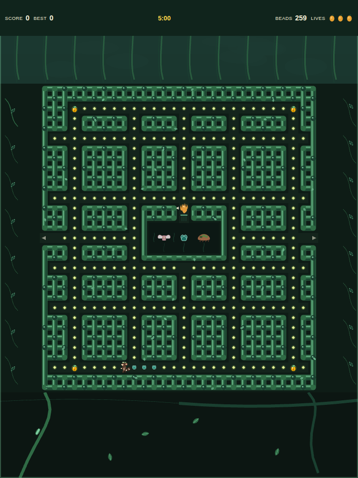 Nectar Rush. Kei leads a short line of echo knots toward a power fruit, clock on the HUD.