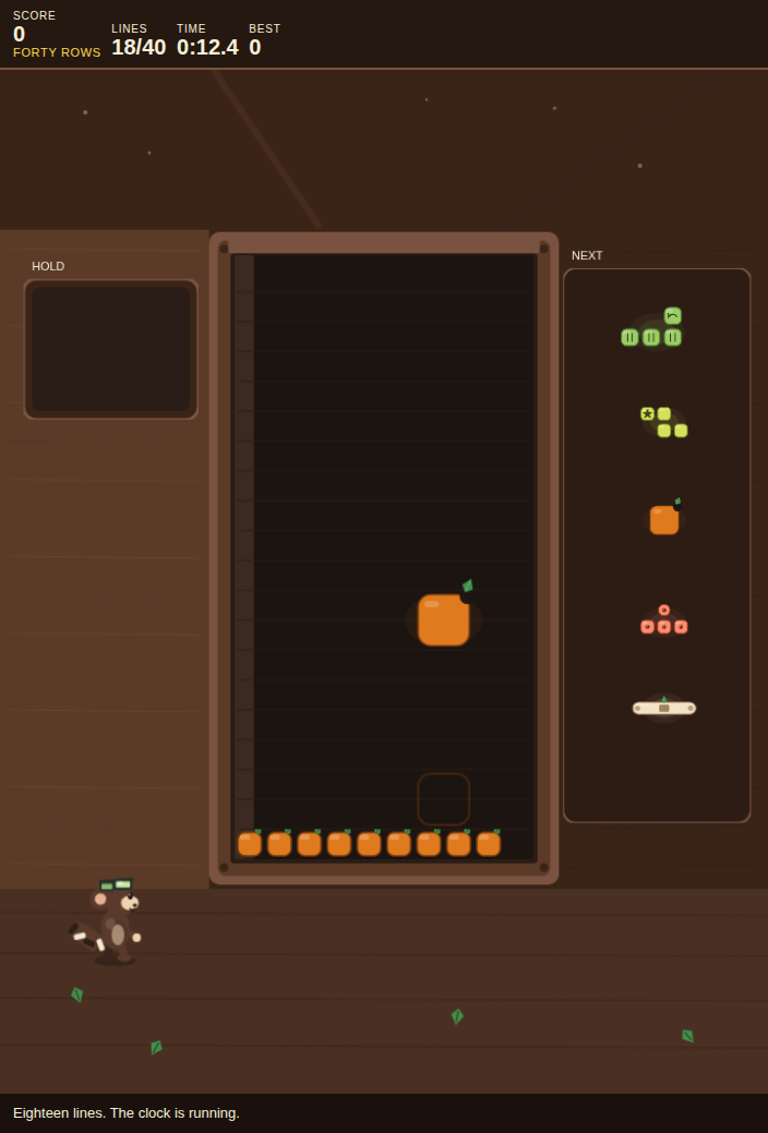 Forty Rows shows the race clock while a mango hangs over a nearly full line.