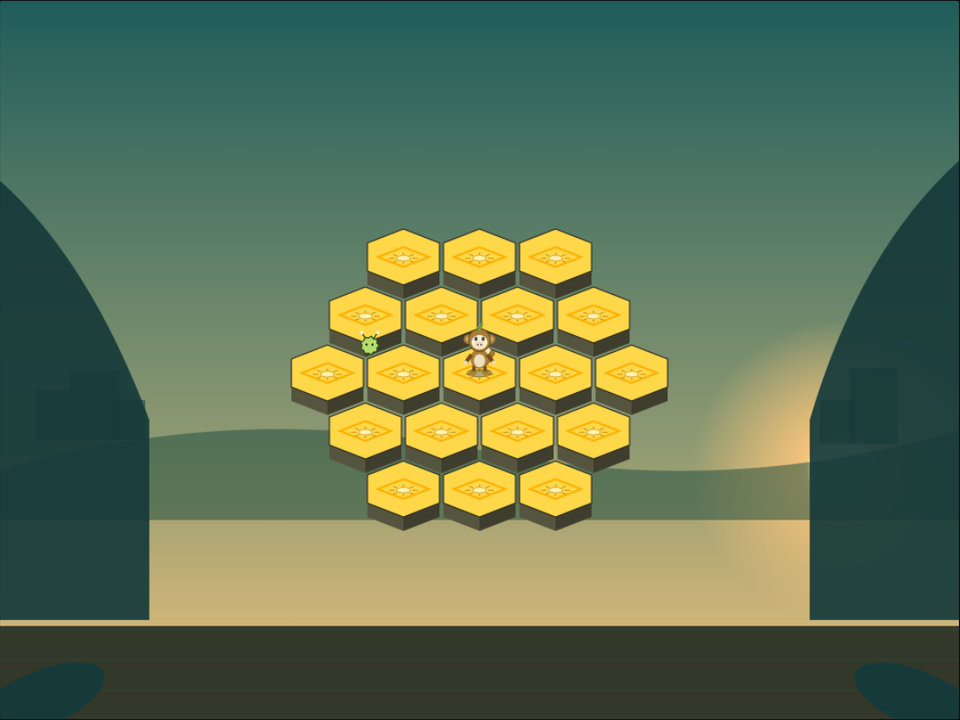 On Hex Terrace, Tiko can hop six ways while a moss mite undoes a gold stone.
