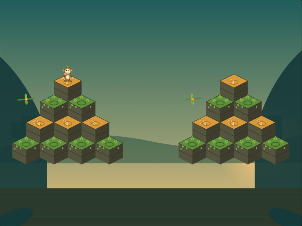 Two split ruins are linked by leaf gliders on a Ruins board.